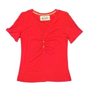 Robert Graham Red Ruched Short Embroidered Sleeve Tee Size Large